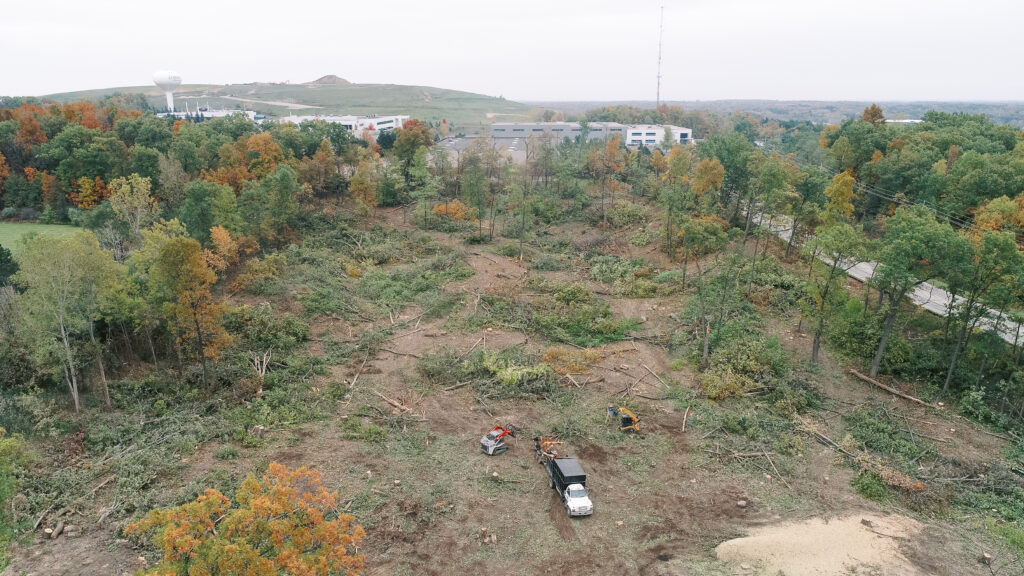 Land clearing project in Auburn Hills, MI showing full tree and brush removal across residential lot